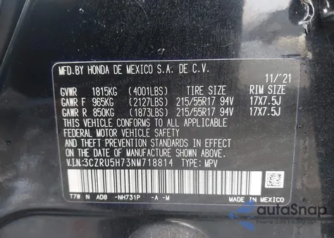 2022 Honda Hr-V Exl from USA, damaged, VIN 3CZRU5H73NM718814